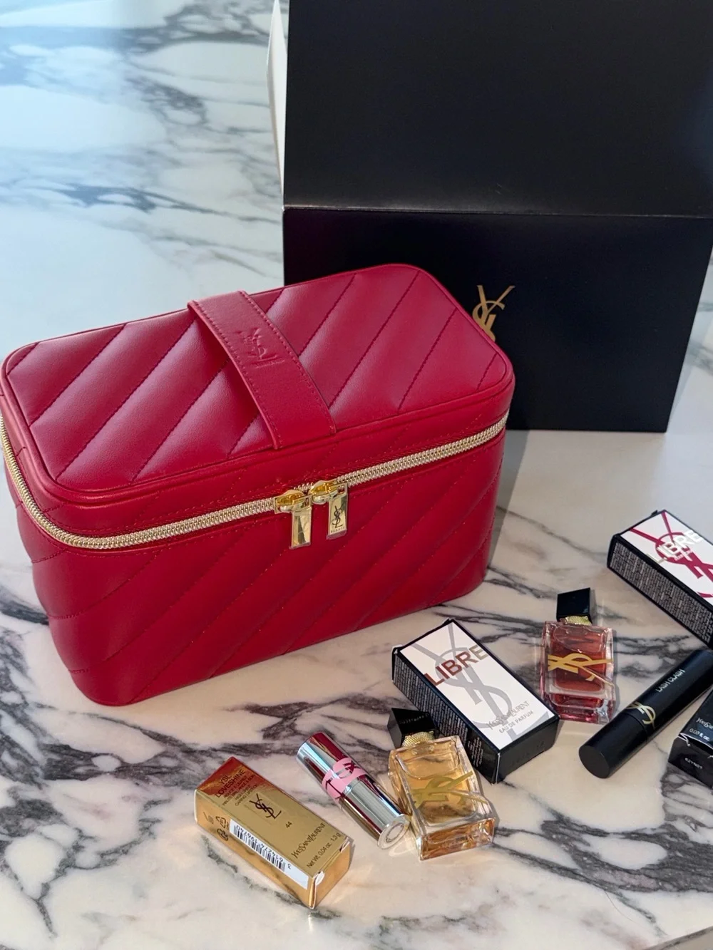 Yves Saint Laurent Beauty Red Quilted Leather Cosmetic Vanity Case - Picture 1 of 13